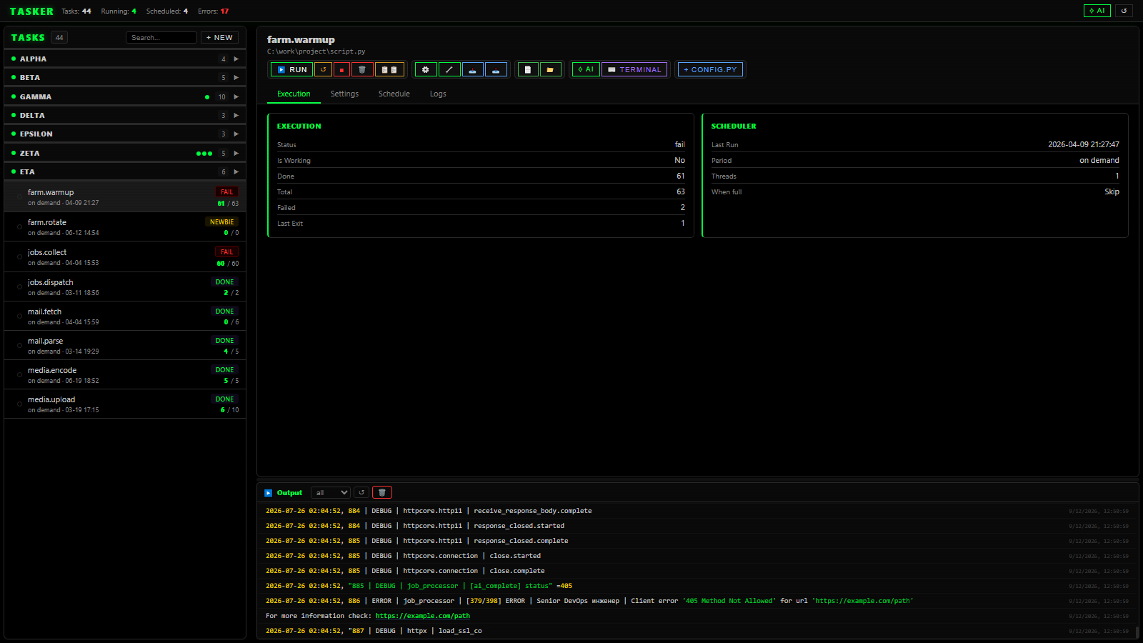 The Tasker page in z3nDash